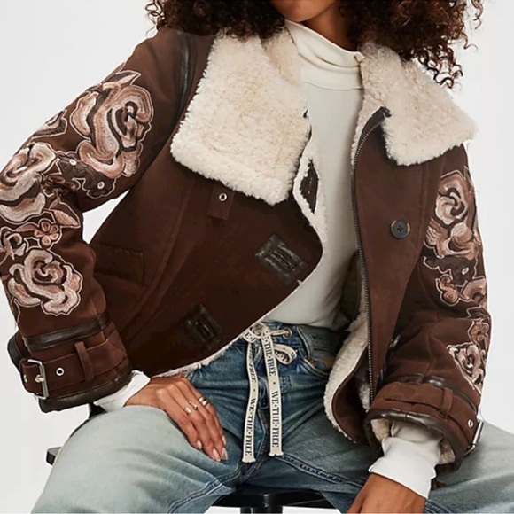 Free People We the Free Andies Vegan Leather Moto Jacket Brown Bear Combo